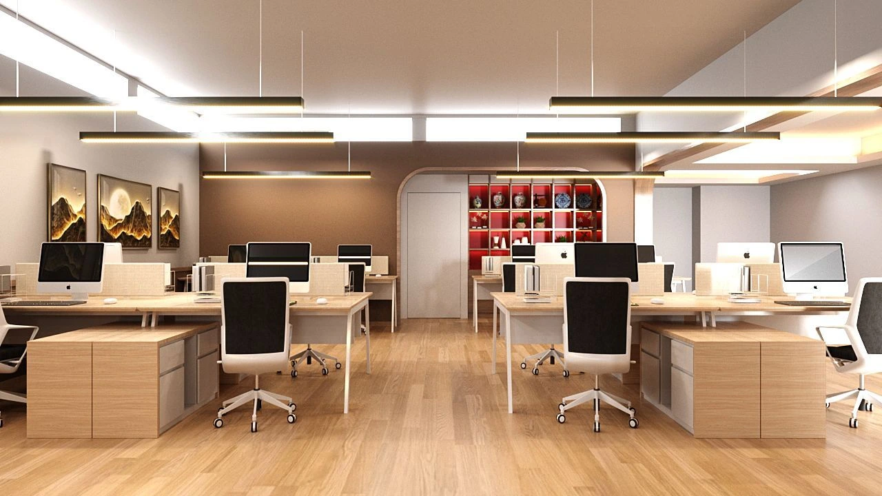 Wisma Fermetec office design concept featuring warm wood finishes and lighting