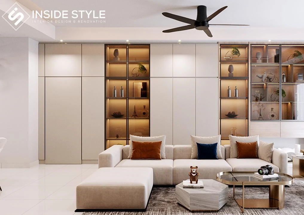 Rimbayu Robin living-room design with illuminated display cabinetry